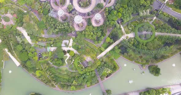 Gardens By the Bay Is Filmed From the Air By Drone Going Above Supertree Grove, Singapore