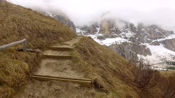 Mountain path in Passo Gardena in the Dolomites Mountains, South Tyrol, Italy alt