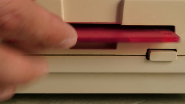 Old storage device floppy disk inserting  in personal computer 4K 3840X2160 UltraHD footage - Floppy alt