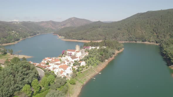 Aerial drone view of Dornes and river Zezere in Portugal