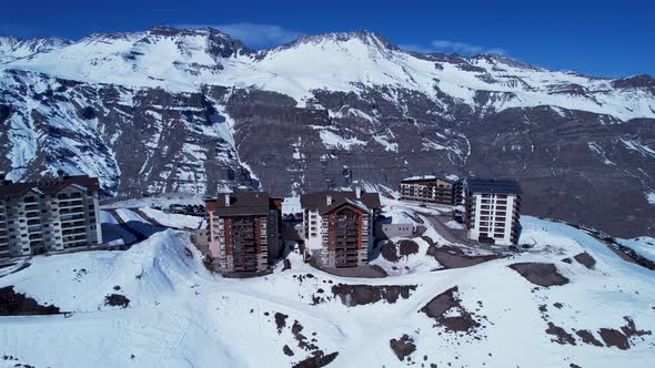 Panoramic view of Ski station centre resort at snowy Andes Mountains. alt