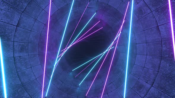 Flying in a Concrete Tunnel with Neon Lighting alt