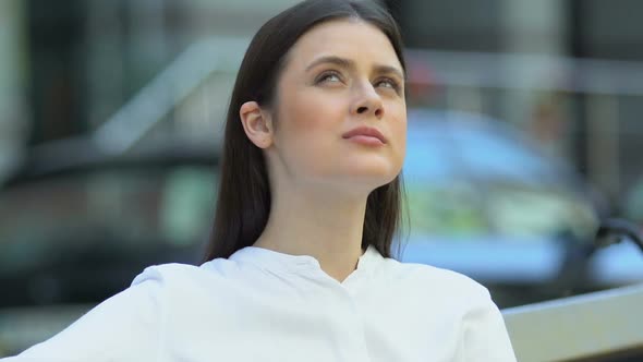 Attractive Young Female Sitting City Bench Outdoors, Enjoying Work Break, Peace alt
