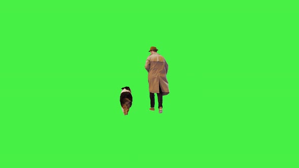Detective and Australian Shepherd Running From and to the Camera on a Green Screen Chroma Key