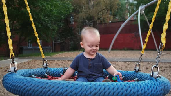 Happy Little Boy Swings on a Round Swing alt