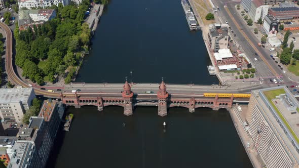Aerial View of U Bahn Train Crossing Historic Oberbaum Bridge alt