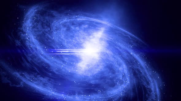 4k video animation. Zoom in. A large galaxy rotates and emits bright blue light. 