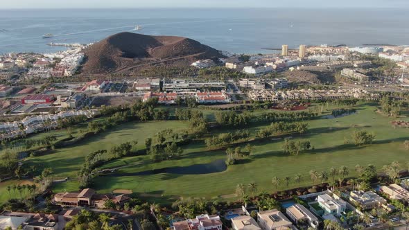 Aerial view of Playa de Las Americas at Costa Adeje, Tenerife, Canary Islands alt
