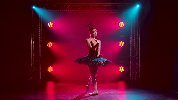 Graceful Ballerina in a Chic Image of a Black Swan. Young Beautiful Girl in a Black Tutu with Red alt