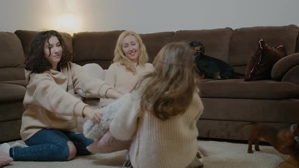 Children Fight with Pillows Mother Enjoy Daughters with Pet Dog Rbbro alt