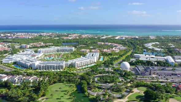 Paradisus Grand Cana luxury resort, Punta Cana in Dominican Republic. Aerial reverse ascendent alt