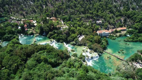 Aerial footage of waterfall Krka in Croatia