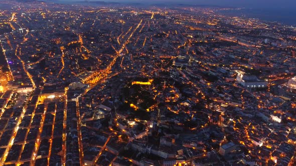 Aerial View Illuminated Roads and Streets of Lisbon in Night
