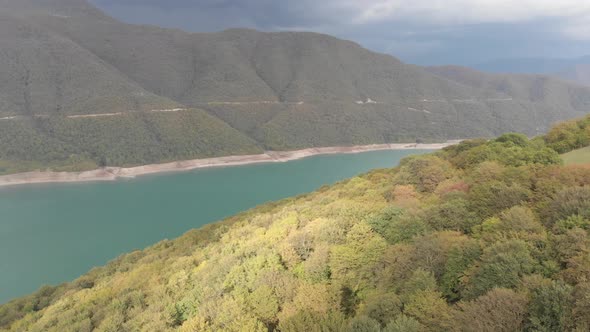 Aerial view of Zhinvali Reservoir. Ananuri Lake with blue water in Georgia. alt