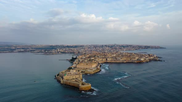 View of the Embankment of the Island of Ortigia During Sunrise, Bird's Eye View, Sicily, Italy