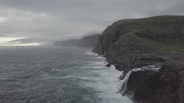 Bosdalafossur Waterfall, Sorvagsvatn, Traelanipan, Faroe Islands 4K Aerial Drone Footage