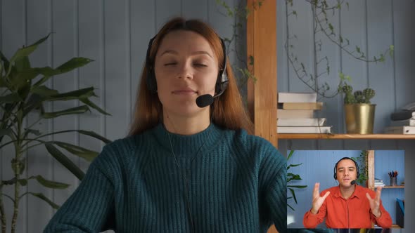 Young Man Look at Web Cameras Listen Webinar Lecture with Female Leader alt