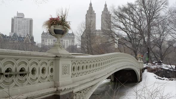 Slow motion pan to the left of the Bow Bridge. alt