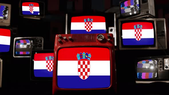 Flag of Croatia on Retro TVs. 4K.