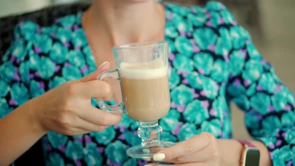 Cappuccino Coffee Sugar. Cappuccino Serving Morning Eat  Latte.Woman Drinking Latte In Cafe. alt