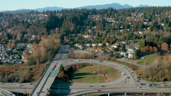 Aerial drone view over a residential community in Port Coquitlam, British Columbia. alt