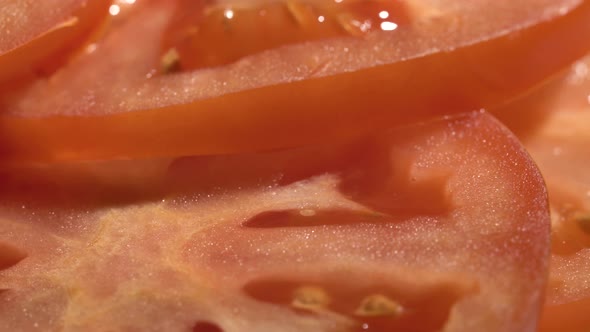 Tomato Slices Closeup, Macro Food Summer Background, Fruits Top View. Rotate alt