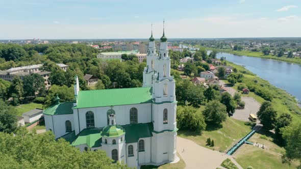 Belarus, Polotsk Aerial Cityscape: River with Cathedral of Saint Sophia