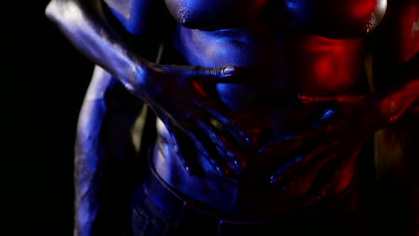 Desire and Excitement Closeup of Sexy Male Body and Female Hands Stroking Him alt