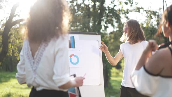 Young Man Pointing at Graphs on Whiteboard Talking to Colleagues in Sunny Park alt