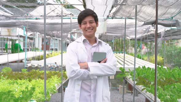 Asian farm researcher man standing with his arms crossed takes care of vegetables growing on farm. alt