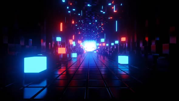 Abstract Neon Tunnel Bouncing Cubes