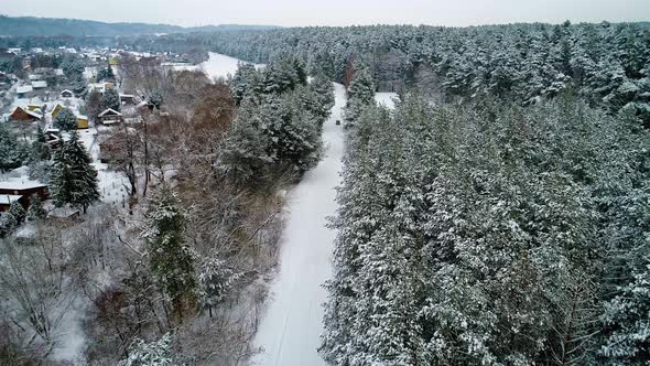 Aerial View of Car Moving in Winter Forest