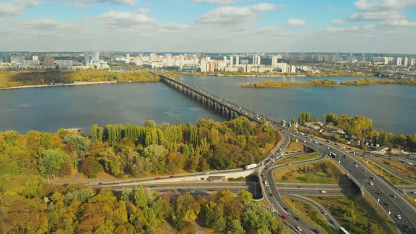 Top View Car Riding on Highway Bridge Over River alt