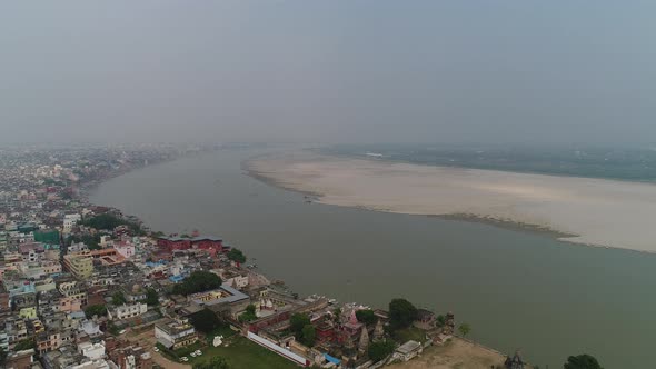 City of Varanasi (Benares) in Uttar Pradesh in India seen from the sky alt