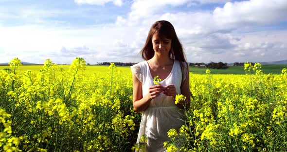Beautiful woman walking in mustard field alt