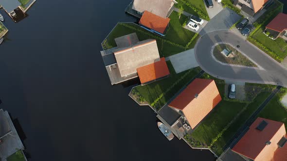 Top down View Of Villas On Water, Holiday Resort Waterstaete, Ossenzijl, The Netherlands - aerial dr alt