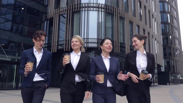 Team of Smiling Women Business Office Worker Clinking a Cup of Coffee, Coffee Celebrating of