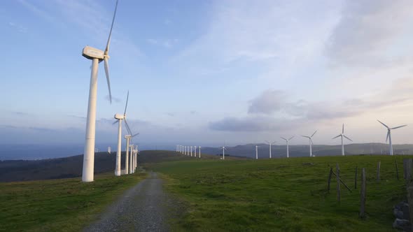 Wind turbines renewable energy at sunset with blue sky and green landscape in Spain alt
