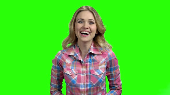 Beautiful Girl Laughing Out Loud on Green Screen alt