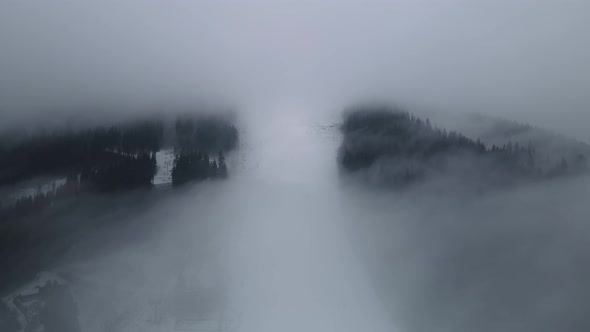 Bukovel Carpathians, Ski Slope With Fog From A Bird's Eye View alt