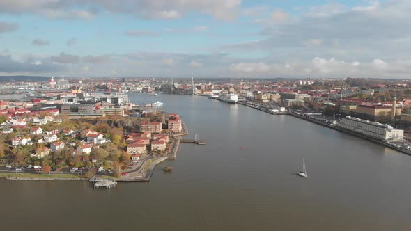 Gota Alv River in Gothenburg View From Eriksberg Aerial Ascending
