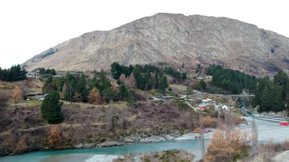aerial shot of Queenstown hill from Skippers canyon and Shotover River in Queenstown, Central Otago, alt