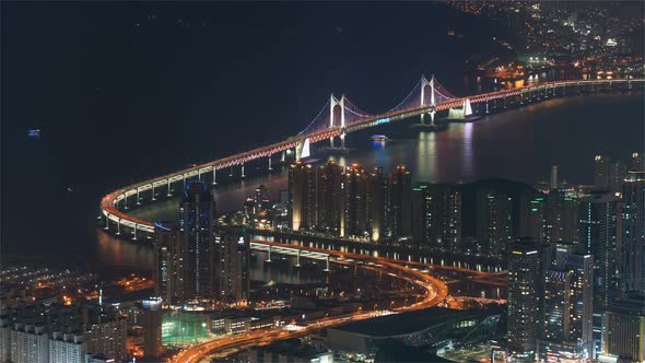 Busan, Korea, Timelapse  - The Gwangandaegyo or Diamond Bridge in Seoul at Night