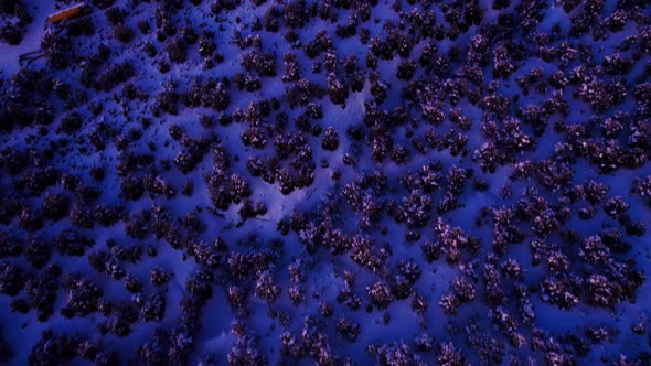 Drone shot panning up of a mountain peak during sunset or sunrise with snow alt