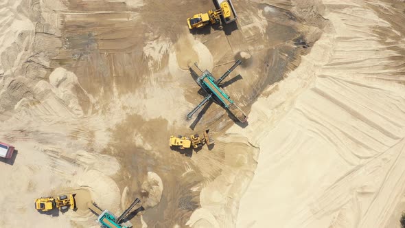 Sanding on automatic conveyor belt. Mining conveyor sand sorting . Aerial View alt