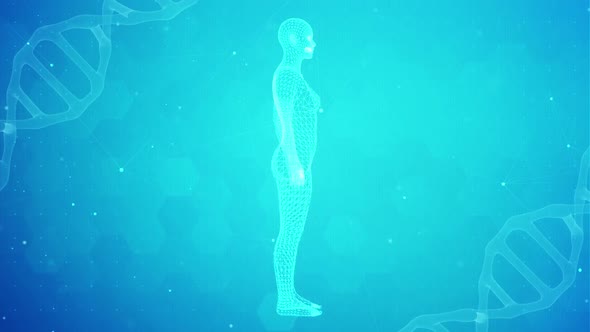 3D Female Human Being Spinning On Science Style Background alt