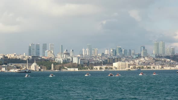 View of The Besiktas District in Istanbul from a ferry on the move