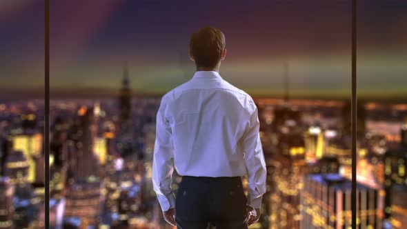 Businessman Raising Hands, Happy After Good Deal, Viewing Night City From Window alt
