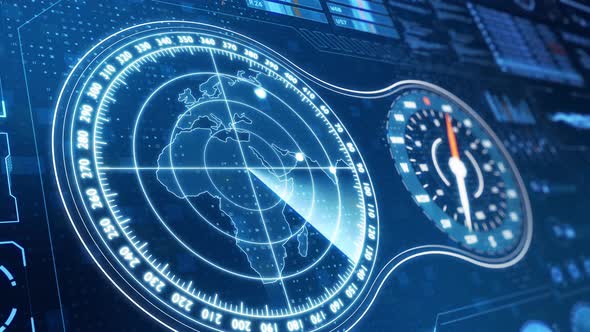 Blue color sonar radar screen searching an object with futuristic head up display technology