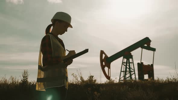 Silhouette Female Engineer Writing on Clipboard in Oil Field. Female Wearing White Helmet and Work alt